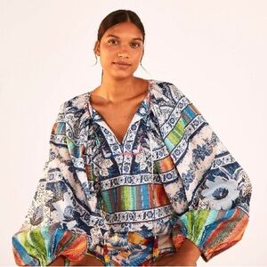 Farm Rio Blue Palms Blouse